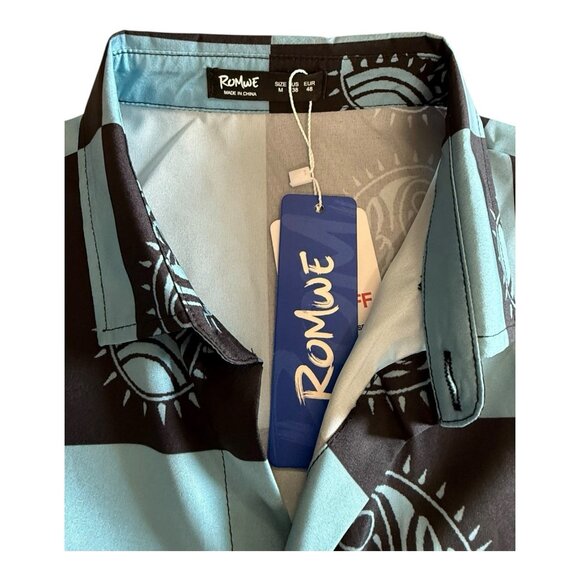 ROMWE Mens Casual Button Down Shirt~Size M~Blue Black Vacay Beach Top~L12 01 - Picture 6 of 7